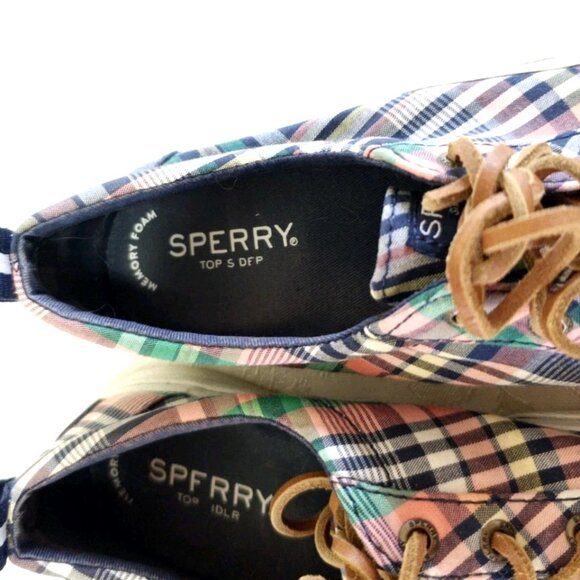 Women SPERRY Canvas Boat Loafers Flats Shoes 6 Plaid Navy Blue Coral Leather Tie - Picture 4 of 12